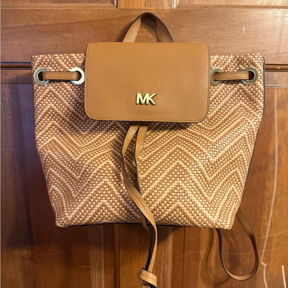Michael Kors Woven Tan & Cream Drawstring Backpack